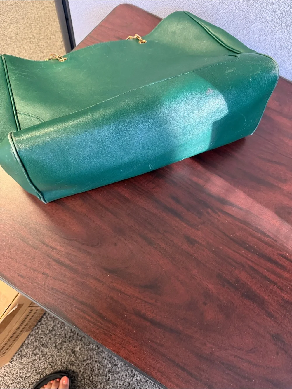 Tory Burch Emerald Green Leather Tote with Gold Chain Accents